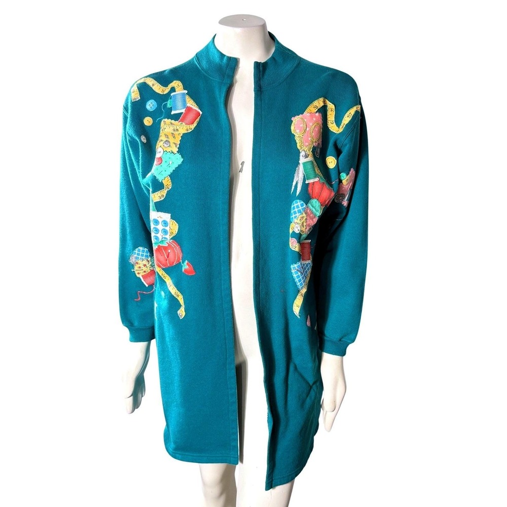 Vintage Hanes Her Way Teal Cardigan Robe Sewing Quilt Applique L Cottagecore‎